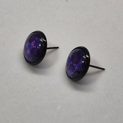 Purple Galaxy Glass Cabochon Stud Earrings | 12mm Round Black Bezel Cosmic Studs | Space Jewelry