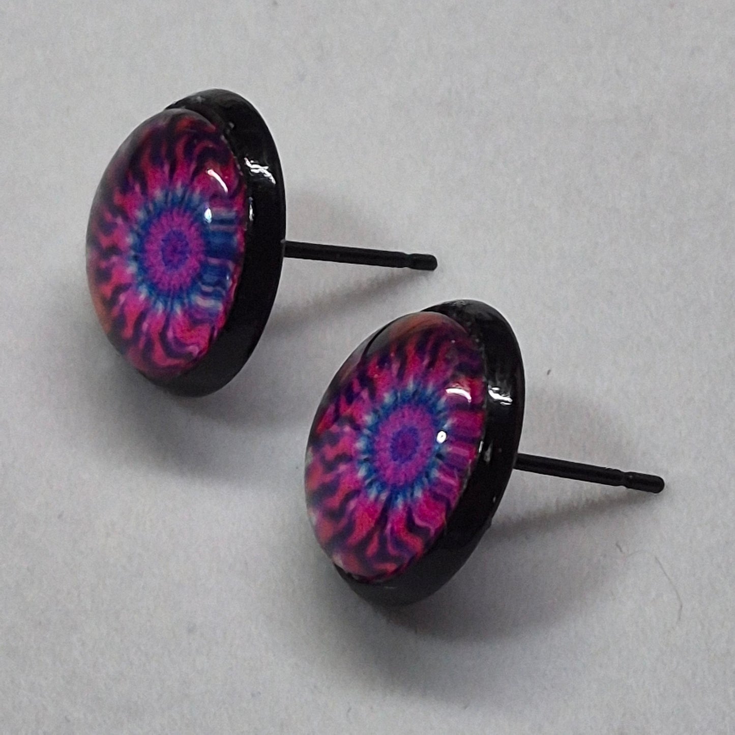 Vibrant Mandala Glass Cabochon Stud Earrings | 12mm Round Black Bezel Kaleidoscope Studs | Boho Jewelry