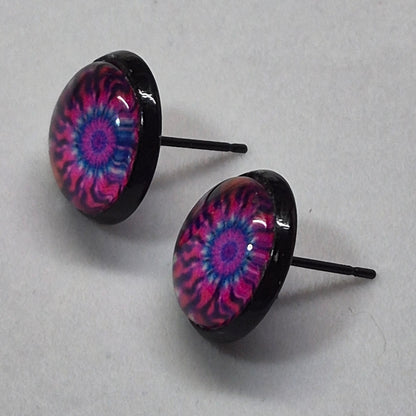 Vibrant Mandala Glass Cabochon Stud Earrings | 12mm Round Black Bezel Kaleidoscope Studs | Boho Jewelry