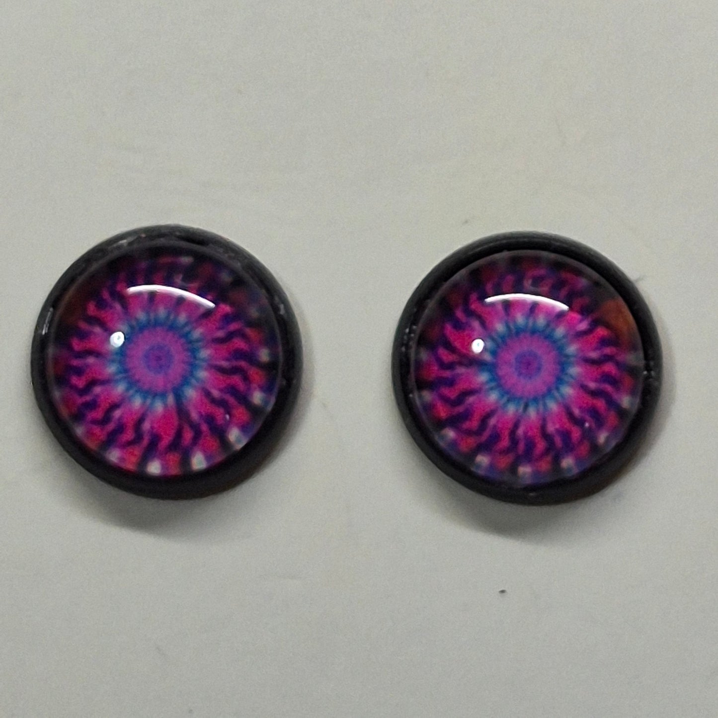 Vibrant Mandala Glass Cabochon Stud Earrings | 12mm Round Black Bezel Kaleidoscope Studs | Boho Jewelry