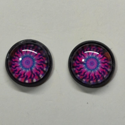 Vibrant Mandala Glass Cabochon Stud Earrings | 12mm Round Black Bezel Kaleidoscope Studs | Boho Jewelry