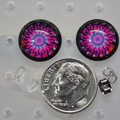 Vibrant Mandala Glass Cabochon Stud Earrings | 12mm Round Black Bezel Kaleidoscope Studs | Boho Jewelry