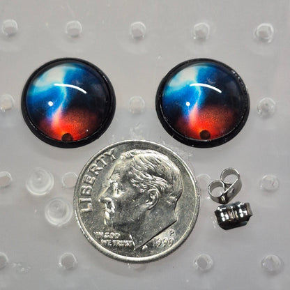 Cosmic Galaxy Glass Cabochon Stud Earrings | 12mm Round Black Bezel Nebula Studs | Space Jewelry