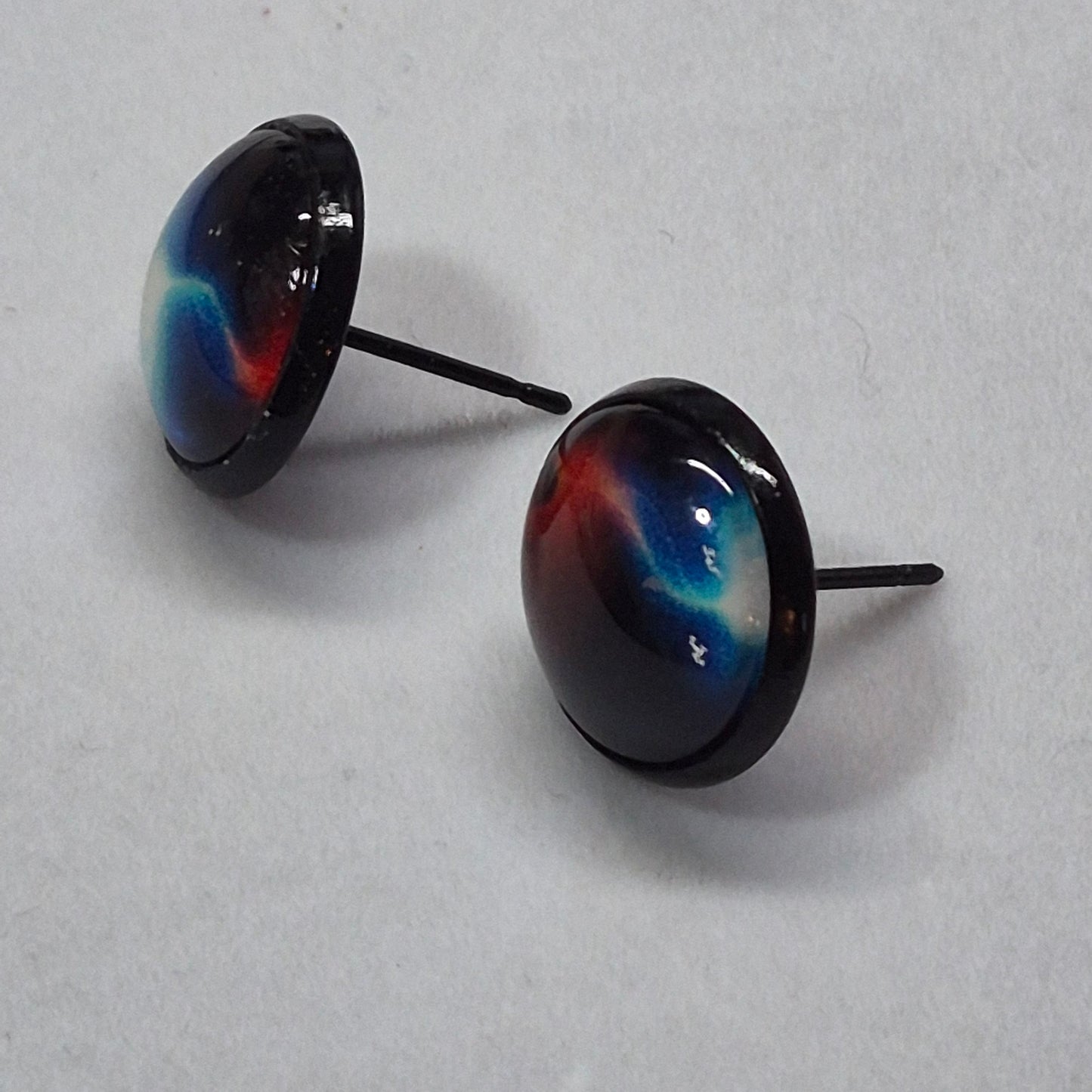 Cosmic Galaxy Glass Cabochon Stud Earrings | 12mm Round Black Bezel Nebula Studs | Space Jewelry