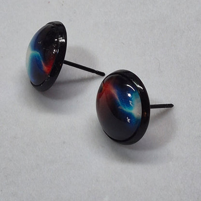 Cosmic Galaxy Glass Cabochon Stud Earrings | 12mm Round Black Bezel Nebula Studs | Space Jewelry