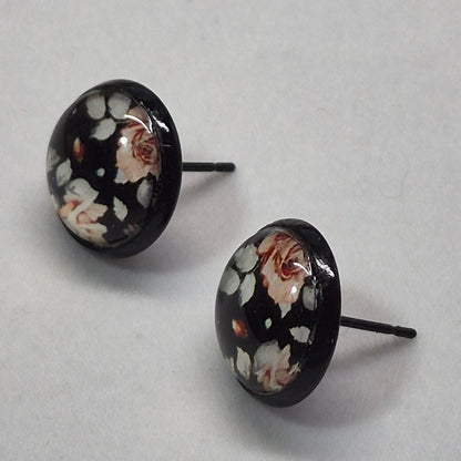 Vintage Rose Glass Cabochon Stud Earrings | 12mm Round Black Bezel Floral Studs | Romantic Jewelry