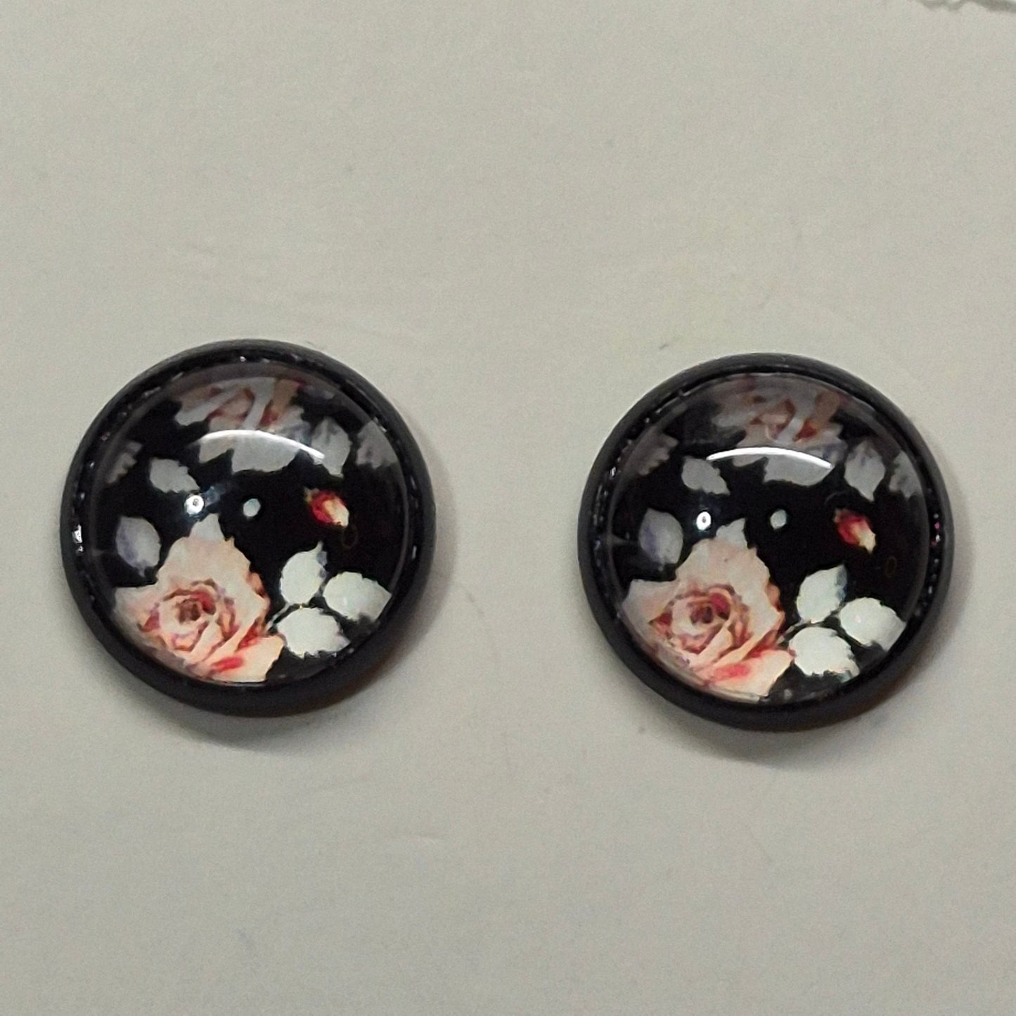 Vintage Rose Glass Cabochon Stud Earrings | 12mm Round Black Bezel Floral Studs | Romantic Jewelry