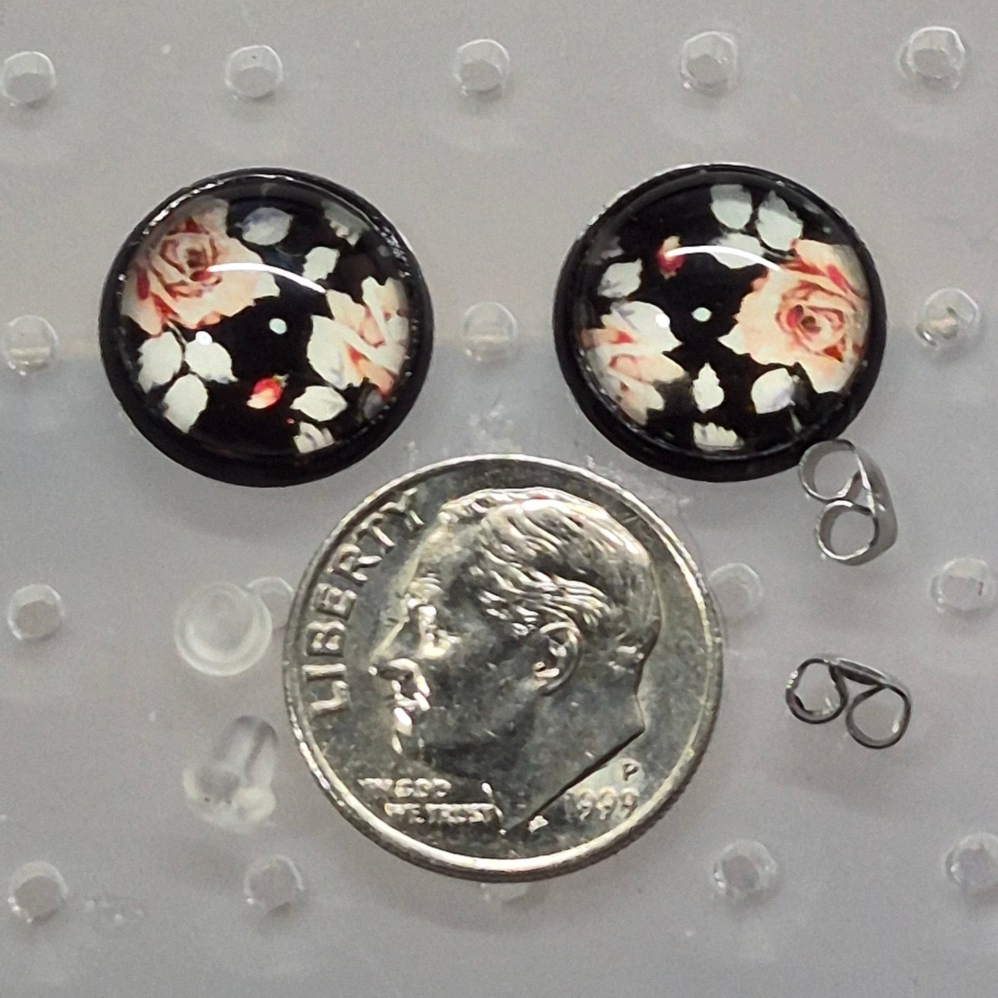 Vintage Rose Glass Cabochon Stud Earrings | 12mm Round Black Bezel Floral Studs | Romantic Jewelry