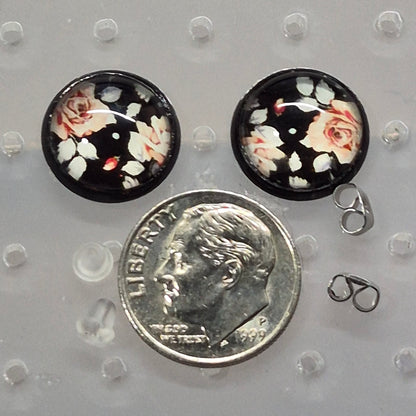 Vintage Rose Glass Cabochon Stud Earrings | 12mm Round Black Bezel Floral Studs | Romantic Jewelry