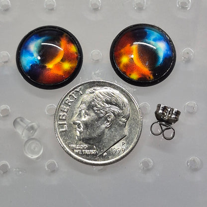 Cosmic Nebula Glass Cabochon Stud Earrings | 12mm Round Black Bezel Galaxy Studs | Space Jewelry