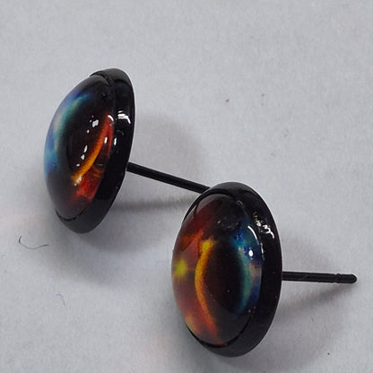 Cosmic Nebula Glass Cabochon Stud Earrings | 12mm Round Black Bezel Galaxy Studs | Space Jewelry