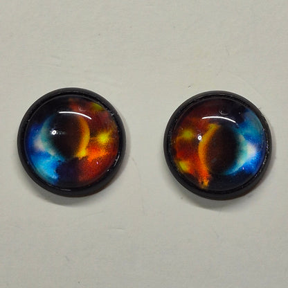 Cosmic Nebula Glass Cabochon Stud Earrings | 12mm Round Black Bezel Galaxy Studs | Space Jewelry