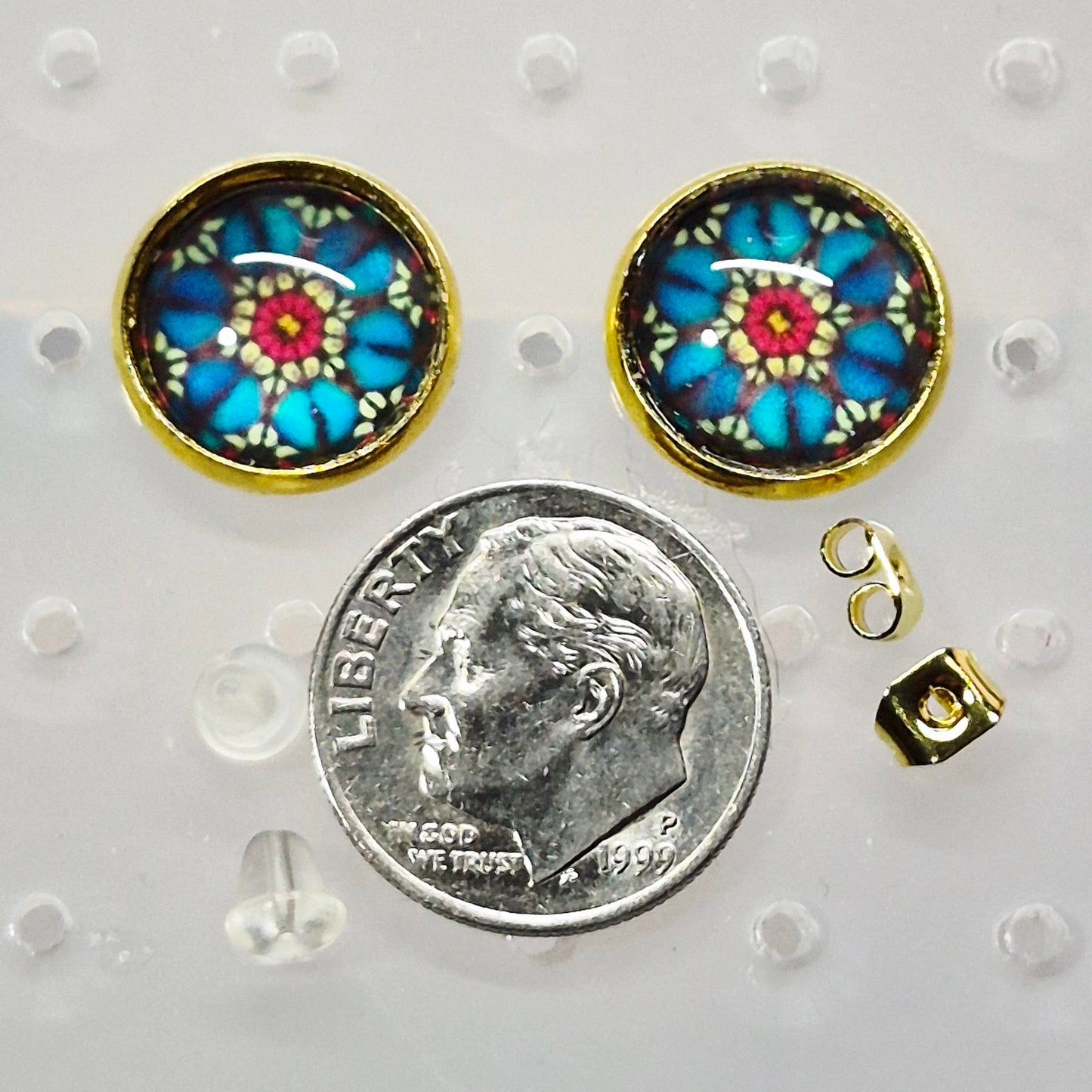 Blue Mandala Glass Cabochon Stud Earrings | 12mm Round Gold Bezel Boho Studs | Spiritual Jewelry