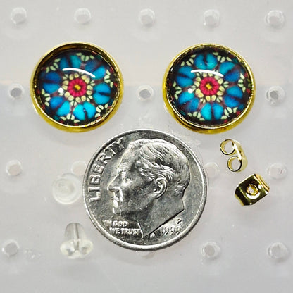Blue Mandala Glass Cabochon Stud Earrings | 12mm Round Gold Bezel Boho Studs | Spiritual Jewelry