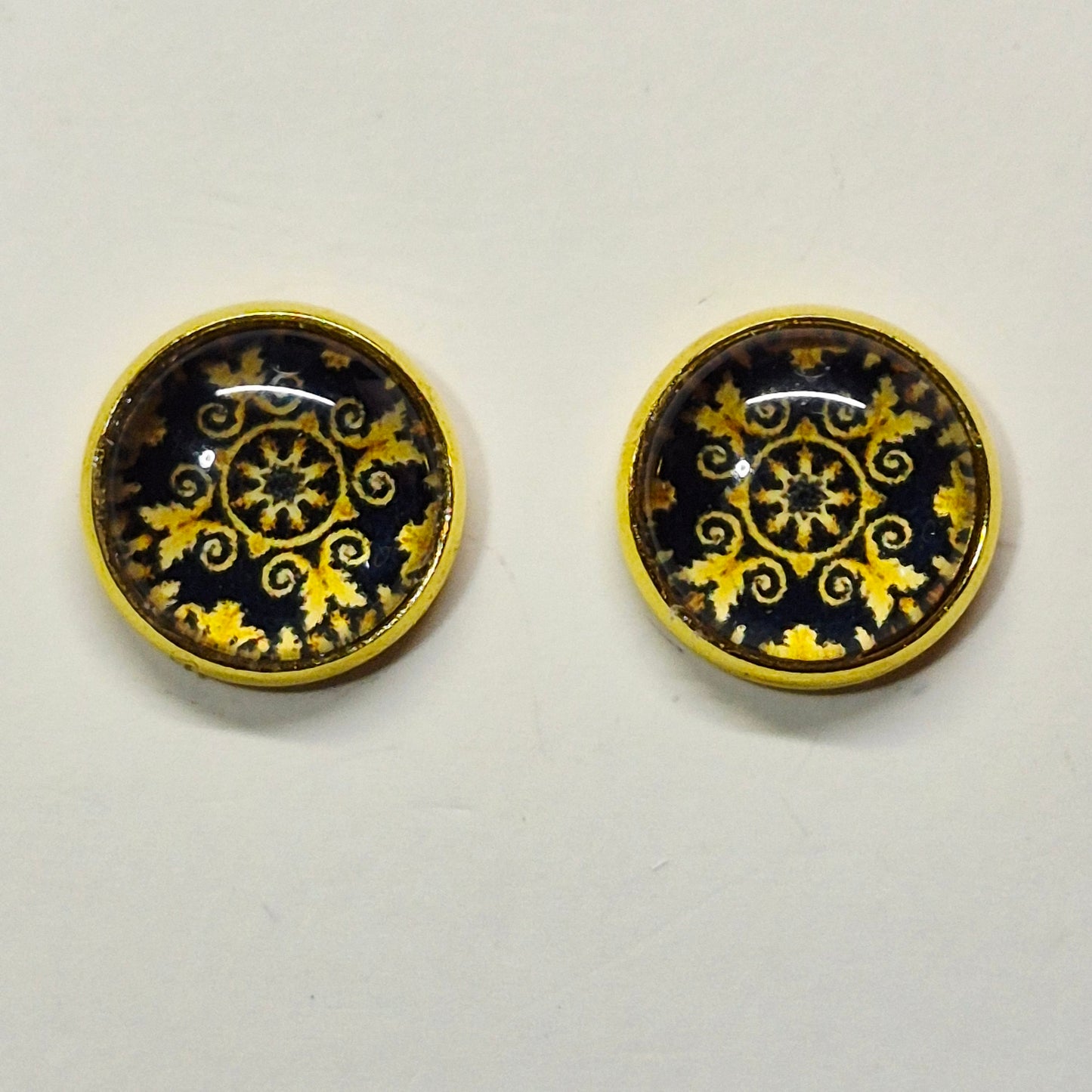Black Gold Medallion Glass Cabochon Stud Earrings | 12mm Round Gold Bezel Vintage Studs | Elegant Jewelry