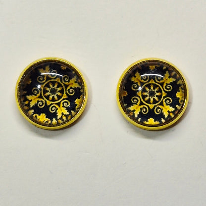 Black Gold Medallion Glass Cabochon Stud Earrings | 12mm Round Gold Bezel Vintage Studs | Elegant Jewelry