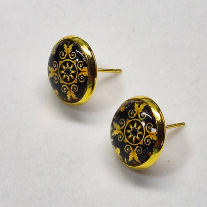 Black Gold Medallion Glass Cabochon Stud Earrings | 12mm Round Gold Bezel Vintage Studs | Elegant Jewelry