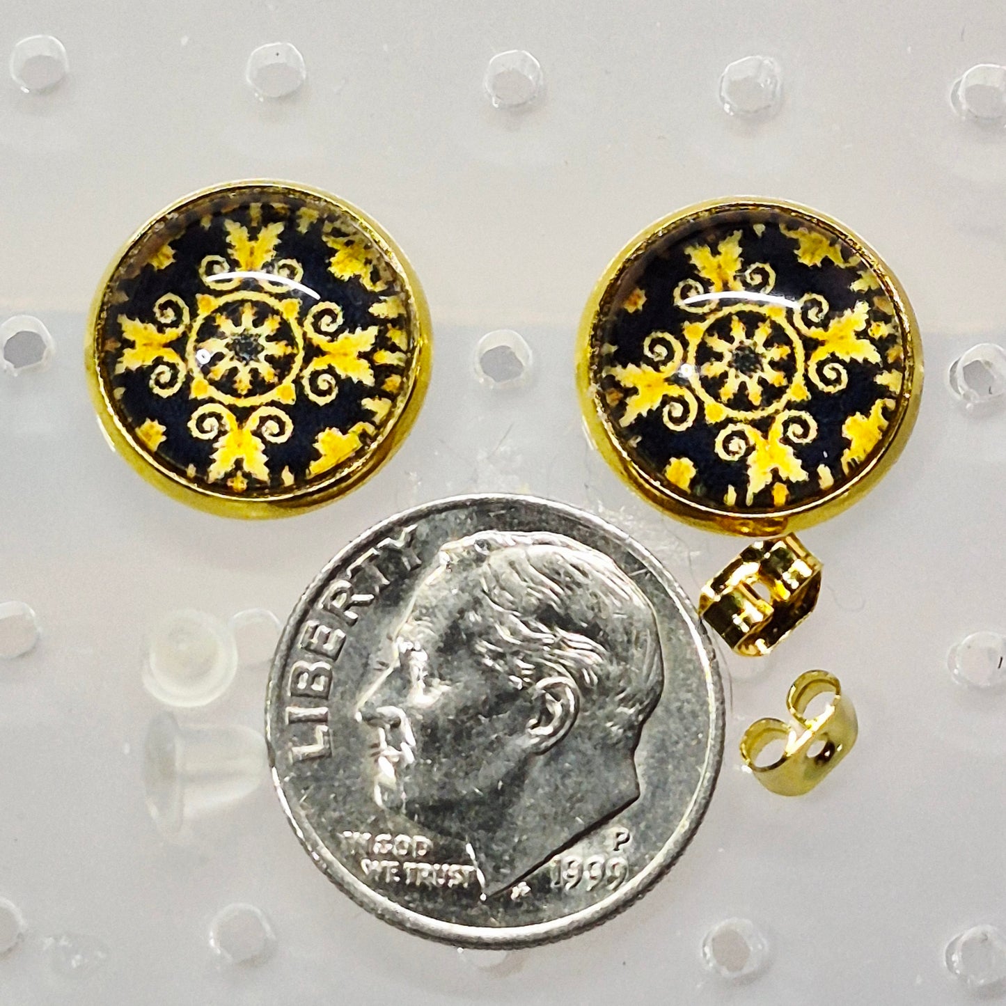 Black Gold Medallion Glass Cabochon Stud Earrings | 12mm Round Gold Bezel Vintage Studs | Elegant Jewelry