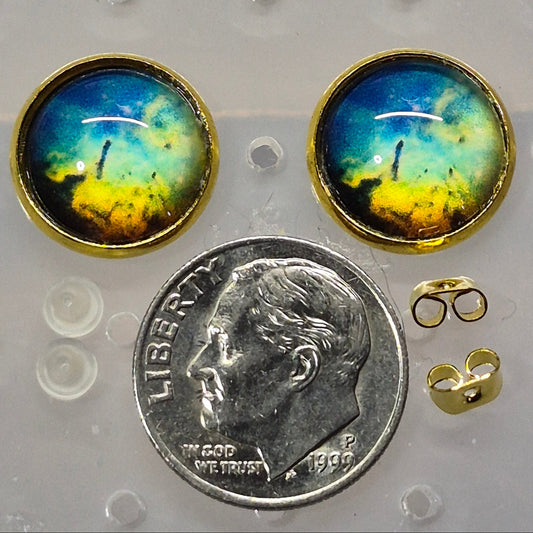 Aurora Northern Lights Glass Cabochon Stud Earrings | 12mm Round Gold Bezel Sky Studs | Nature Jewelry