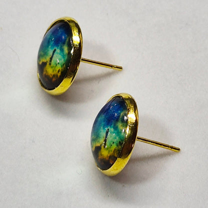 Aurora Northern Lights Glass Cabochon Stud Earrings | 12mm Round Gold Bezel Sky Studs | Nature Jewelry