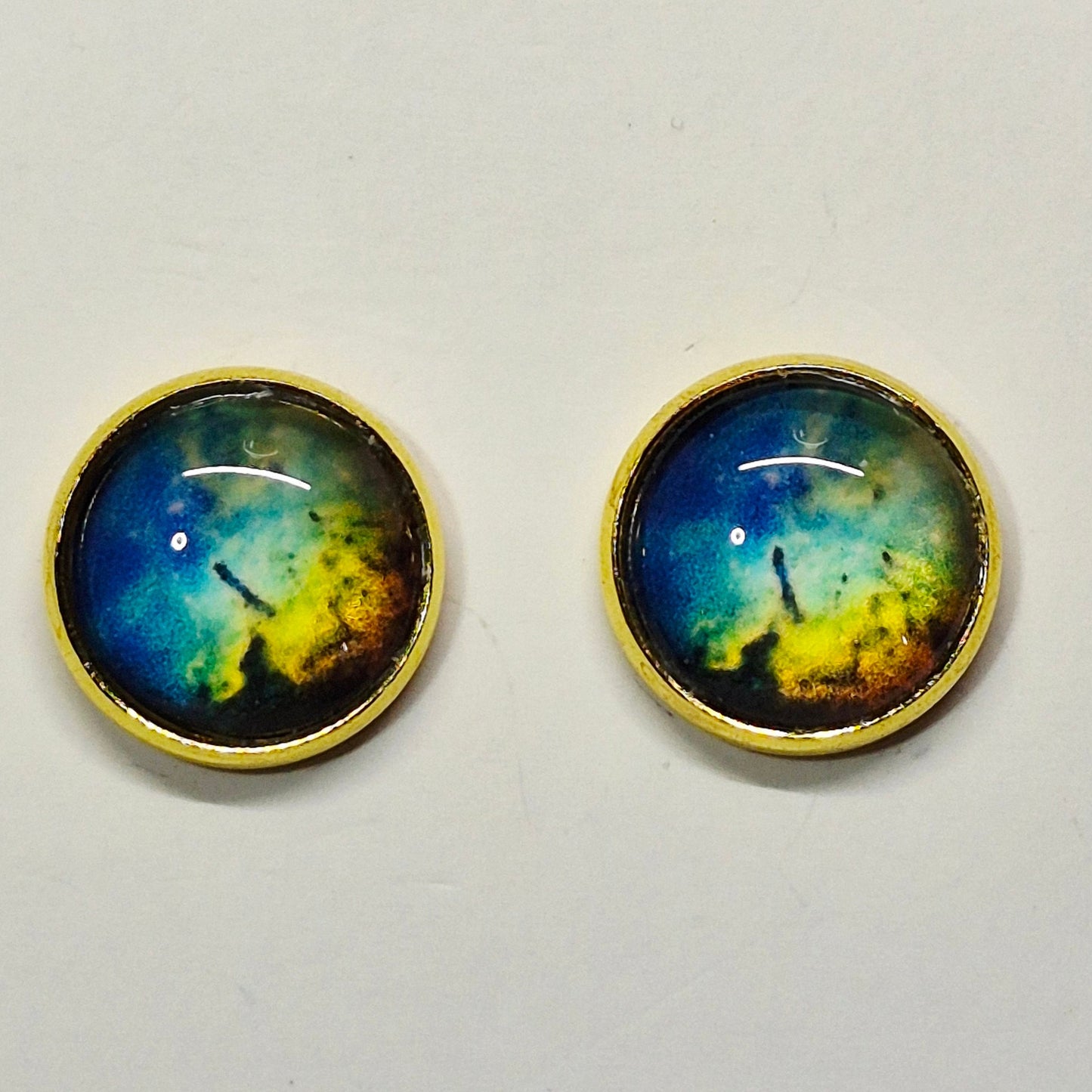Aurora Northern Lights Glass Cabochon Stud Earrings | 12mm Round Gold Bezel Sky Studs | Nature Jewelry