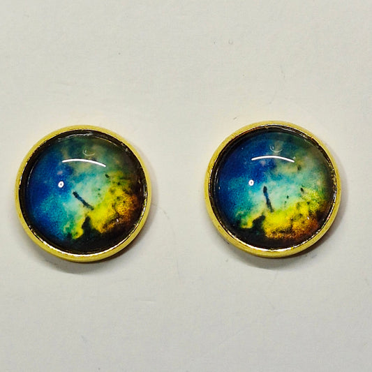 Aurora Northern Lights Glass Cabochon Stud Earrings | 12mm Round Gold Bezel Sky Studs | Nature Jewelry