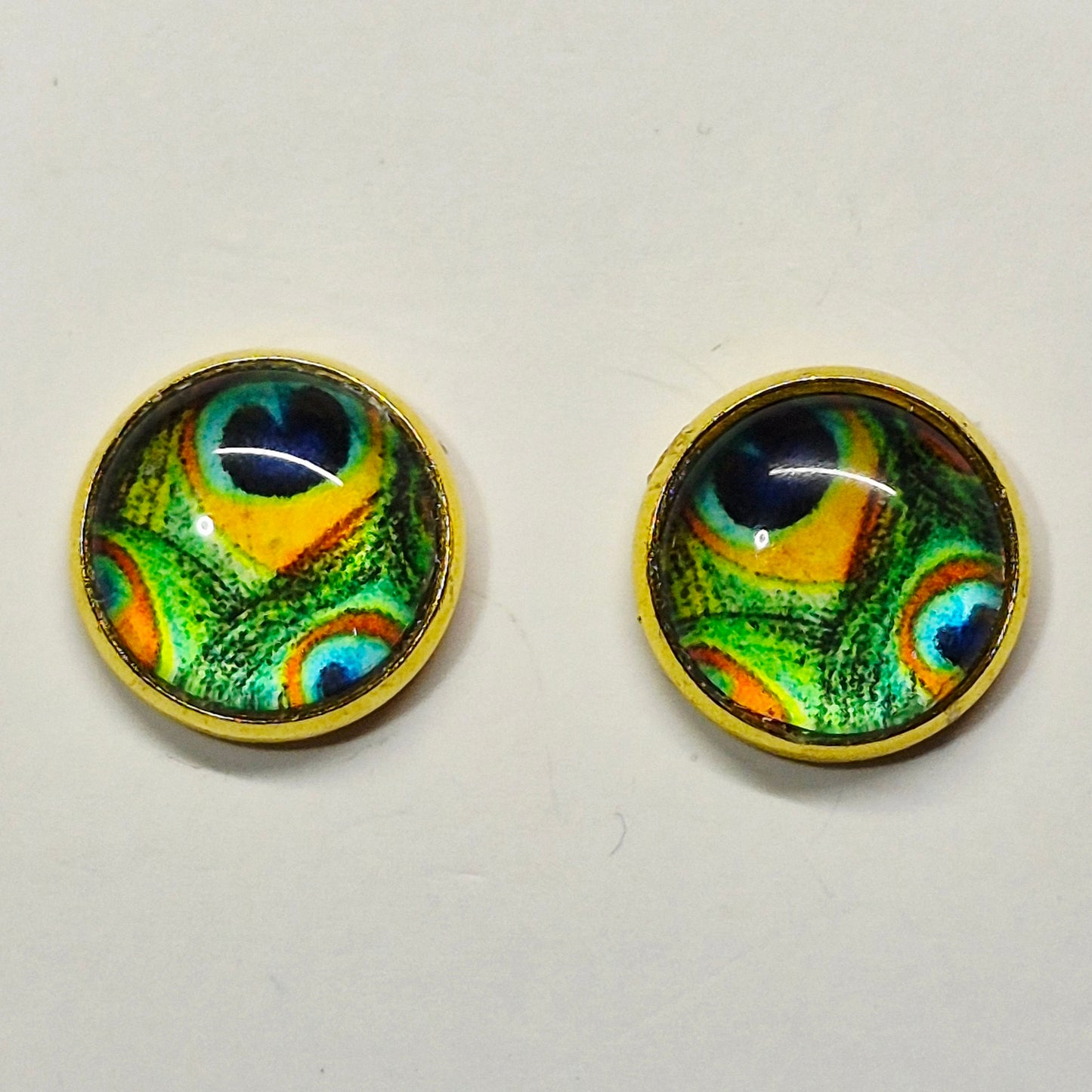 Peacock Eye Feather Glass Cabochon Stud Earrings | 12mm Round Gold Bezel Nature Studs | Exotic Jewelry