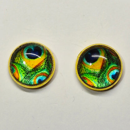 Peacock Eye Feather Glass Cabochon Stud Earrings | 12mm Round Gold Bezel Nature Studs | Exotic Jewelry