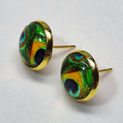 Peacock Eye Feather Glass Cabochon Stud Earrings | 12mm Round Gold Bezel Nature Studs | Exotic Jewelry
