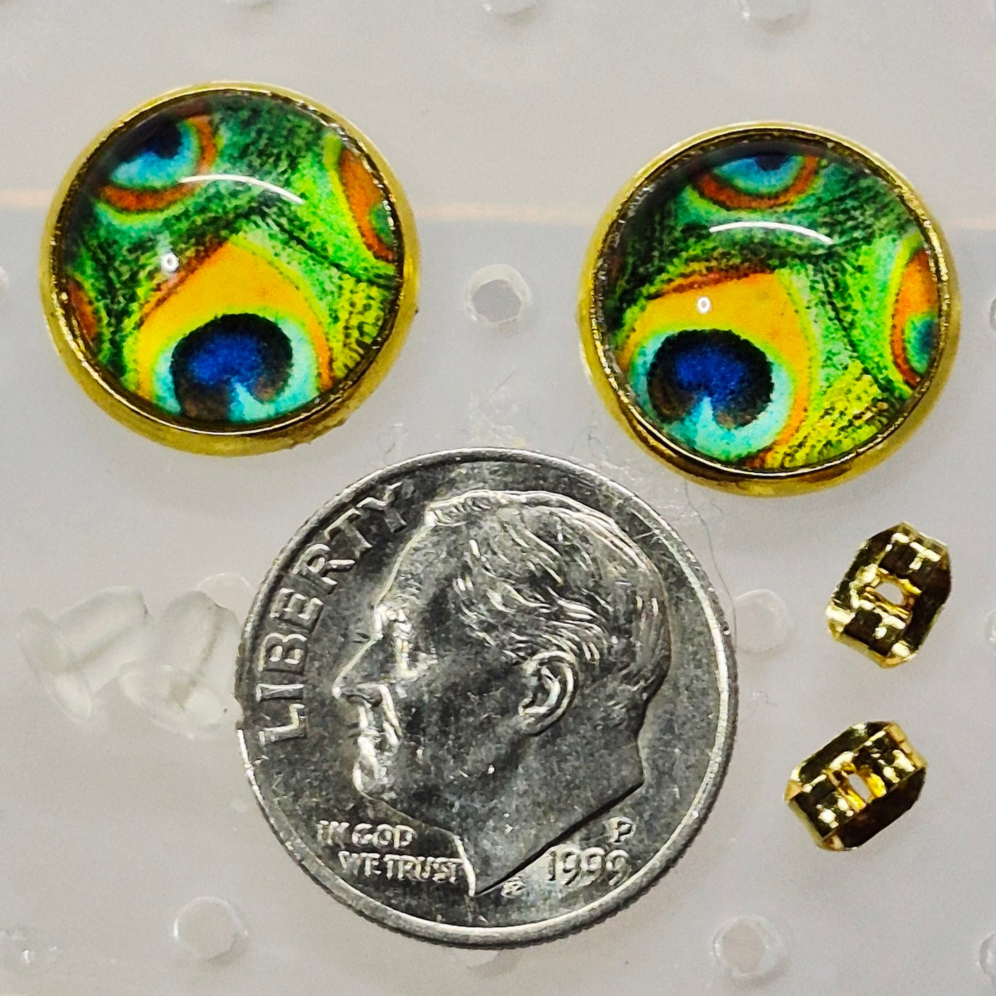 Peacock Eye Feather Glass Cabochon Stud Earrings | 12mm Round Gold Bezel Nature Studs | Exotic Jewelry