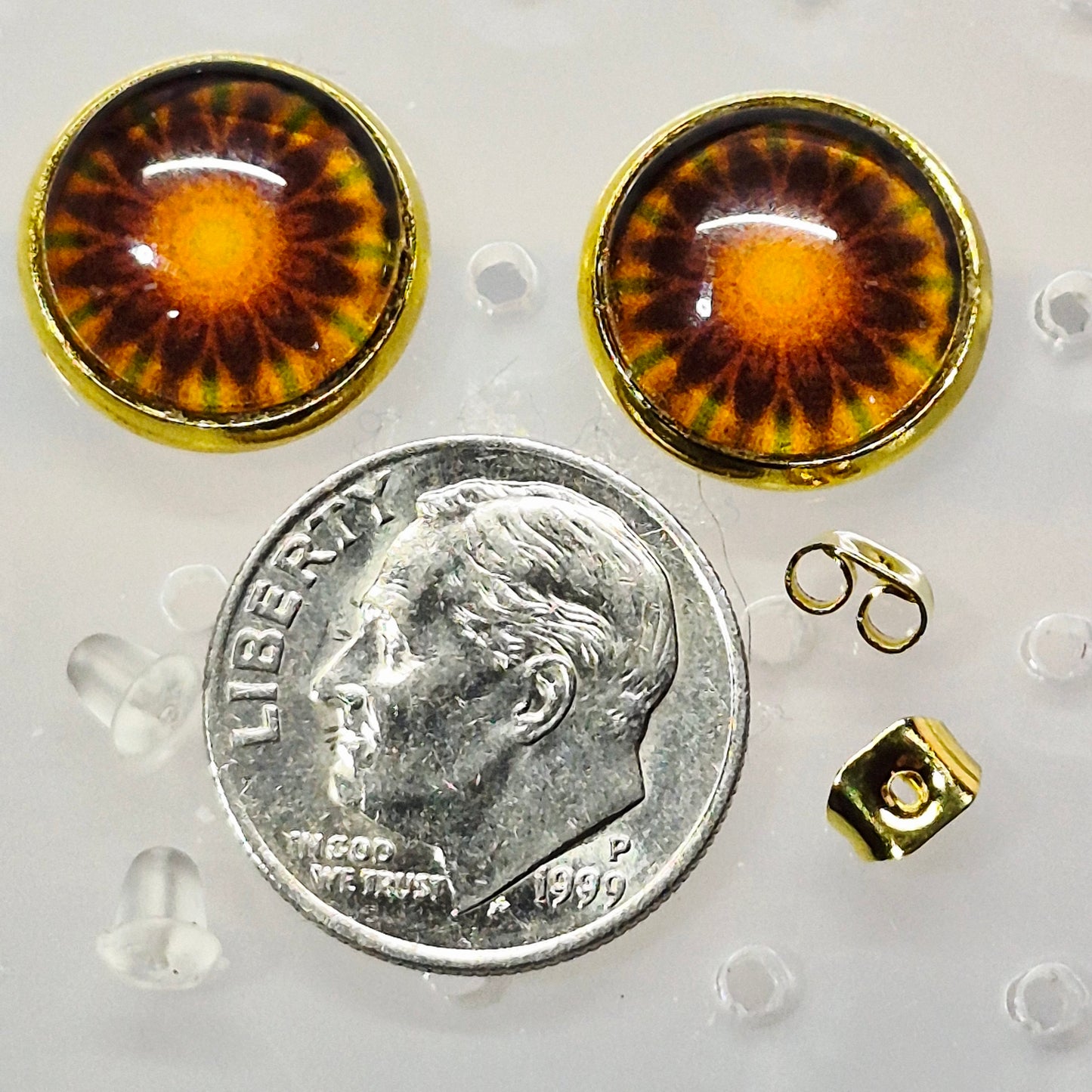 Sunflower Glass Cabochon Stud Earrings | 12mm Round Gold Bezel Floral Studs | Summer Jewelry
