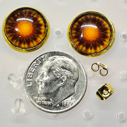 Sunflower Glass Cabochon Stud Earrings | 12mm Round Gold Bezel Floral Studs | Summer Jewelry