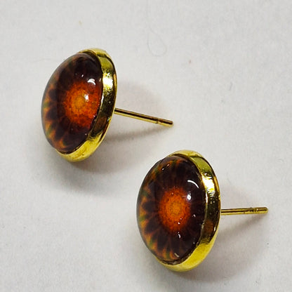 Sunflower Glass Cabochon Stud Earrings | 12mm Round Gold Bezel Floral Studs | Summer Jewelry