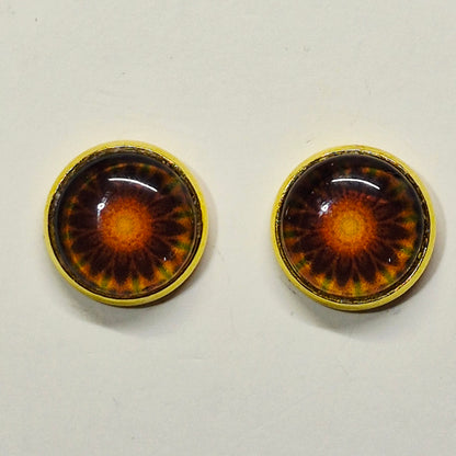 Sunflower Glass Cabochon Stud Earrings | 12mm Round Gold Bezel Floral Studs | Summer Jewelry