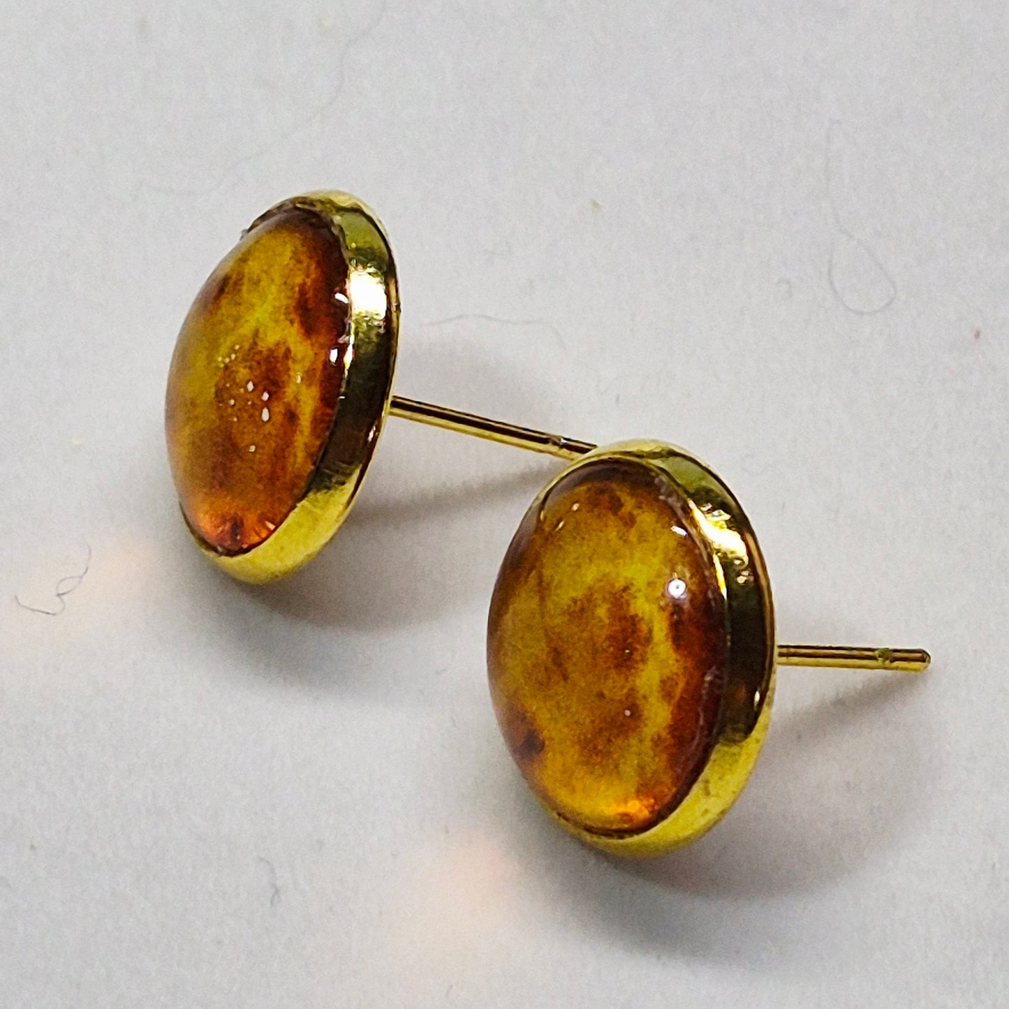 Amber Honey Glass Cabochon Stud Earrings | 12mm Round Gold Bezel Warm Studs | Earthy Jewelry