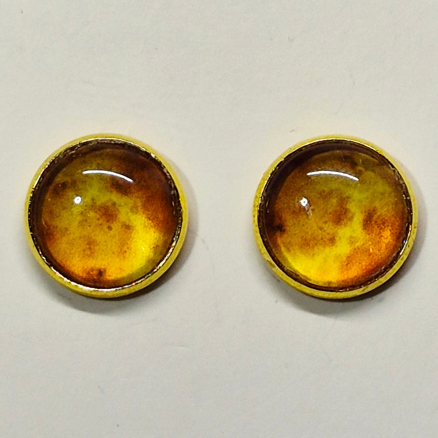 Amber Honey Glass Cabochon Stud Earrings | 12mm Round Gold Bezel Warm Studs | Earthy Jewelry