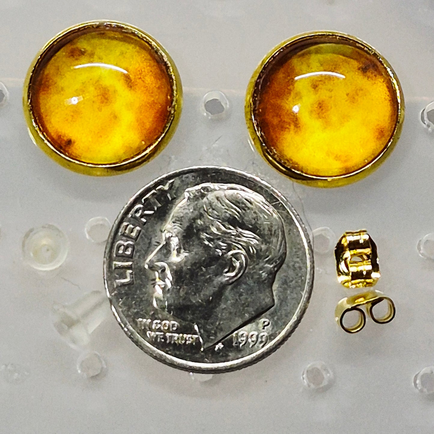 Amber Honey Glass Cabochon Stud Earrings | 12mm Round Gold Bezel Warm Studs | Earthy Jewelry