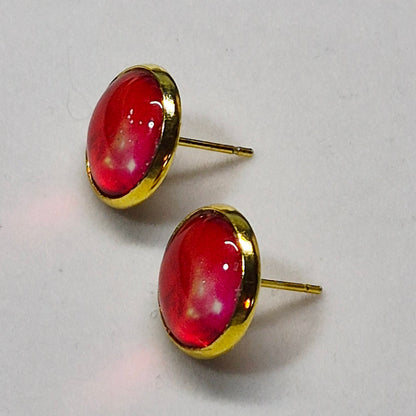 Pink Magenta Ombre Glass Cabochon Stud Earrings | 12mm Round Gold Bezel Gradient Studs | Romantic Jewelry