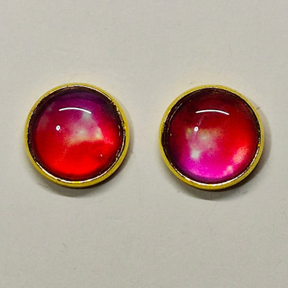 Pink Magenta Ombre Glass Cabochon Stud Earrings | 12mm Round Gold Bezel Gradient Studs | Romantic Jewelry