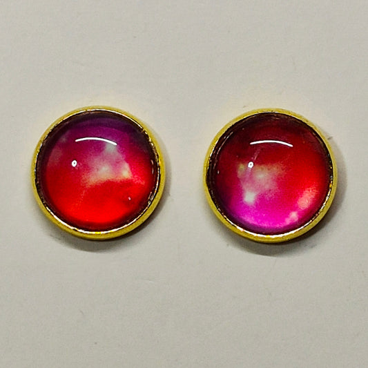 Pink Magenta Ombre Glass Cabochon Stud Earrings | 12mm Round Gold Bezel Gradient Studs | Romantic Jewelry