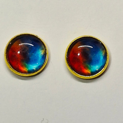 Sunset Ombre Glass Cabochon Stud Earrings | 12mm Round Gold Bezel Gradient Studs | Nature Jewelry