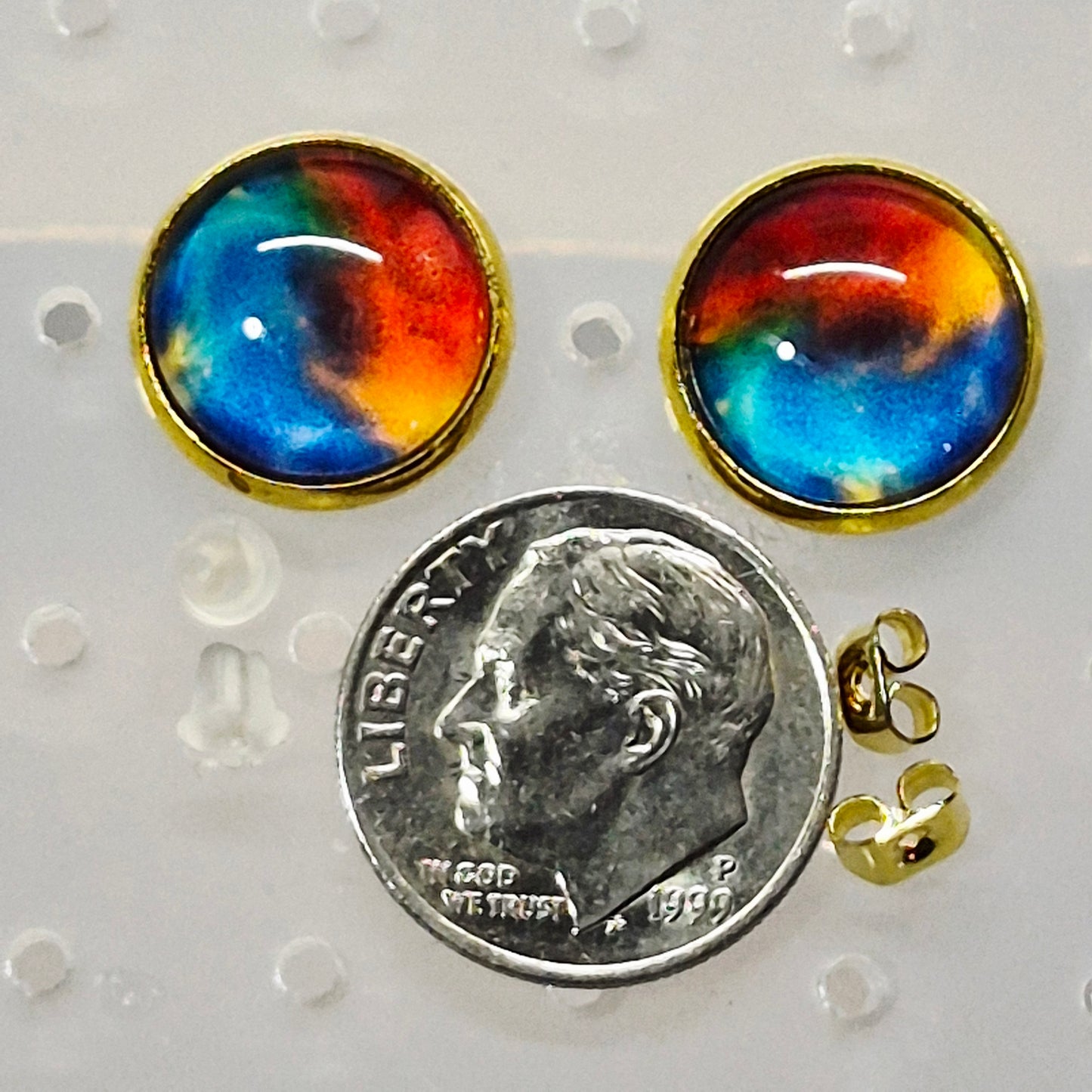 Sunset Ombre Glass Cabochon Stud Earrings | 12mm Round Gold Bezel Gradient Studs | Nature Jewelry