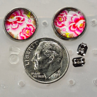 Pink Floral Glass Cabochon Stud Earrings | 12mm Round Silver Bezel Flower Studs | Romantic Jewelry