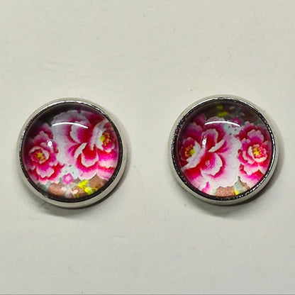 Pink Floral Glass Cabochon Stud Earrings | 12mm Round Silver Bezel Flower Studs | Romantic Jewelry