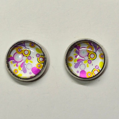 Retro Bubble Pattern Glass Cabochon Stud Earrings | 12mm Round Silver Bezel Mod Studs | Vintage Jewelry