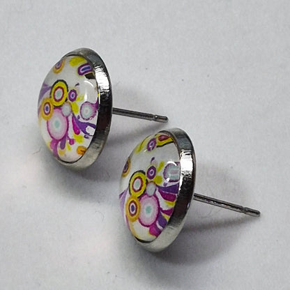 Retro Bubble Pattern Glass Cabochon Stud Earrings | 12mm Round Silver Bezel Mod Studs | Vintage Jewelry