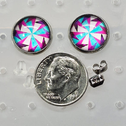 Geometric Pinwheel Glass Cabochon Stud Earrings | 12mm Round Silver Bezel Colorful Studs | Modern Jewelry