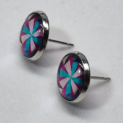 Geometric Pinwheel Glass Cabochon Stud Earrings | 12mm Round Silver Bezel Colorful Studs | Modern Jewelry