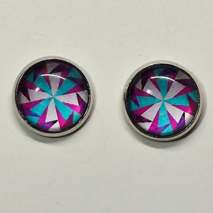 Geometric Pinwheel Glass Cabochon Stud Earrings | 12mm Round Silver Bezel Colorful Studs | Modern Jewelry