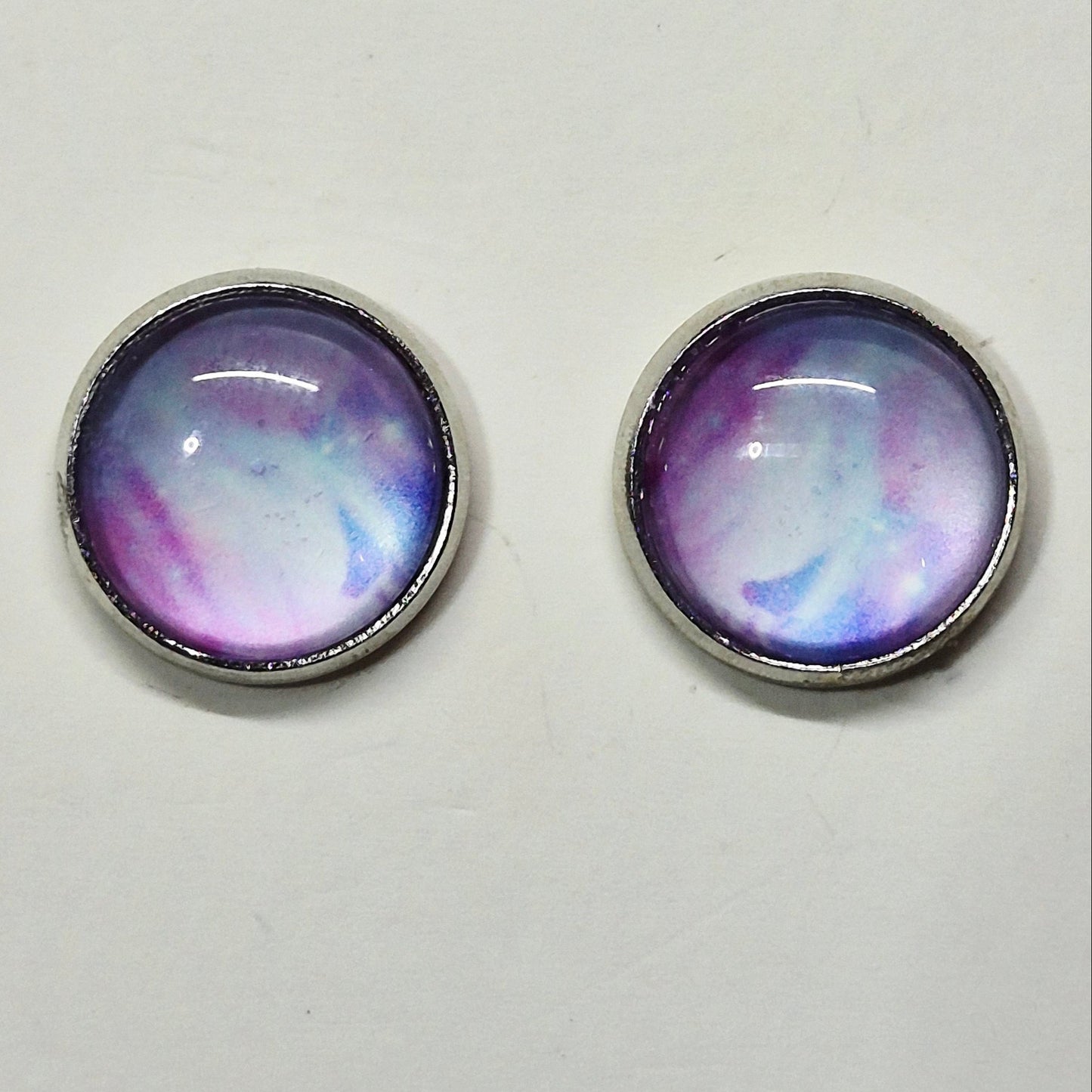 Purple Blue Swirl Glass Cabochon Stud Earrings | 12mm Round Silver Bezel Watercolor Studs | Ethereal Jewelry